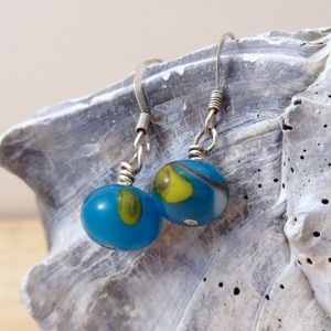 Handmade Aqua Lampwork Glass Bead Dainty Earrings